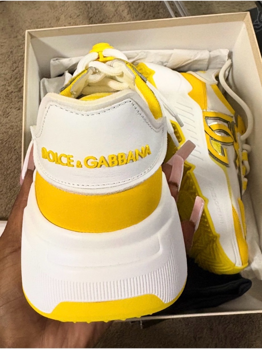Dolce & Gabbana White & Yellow Chunky Leather Sneakers